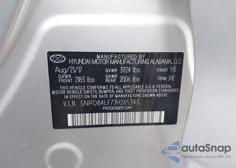 2018 Hyundai Elantra Sel z USA, uszkodzony, nr VIN 5NPD84LF7JH265343